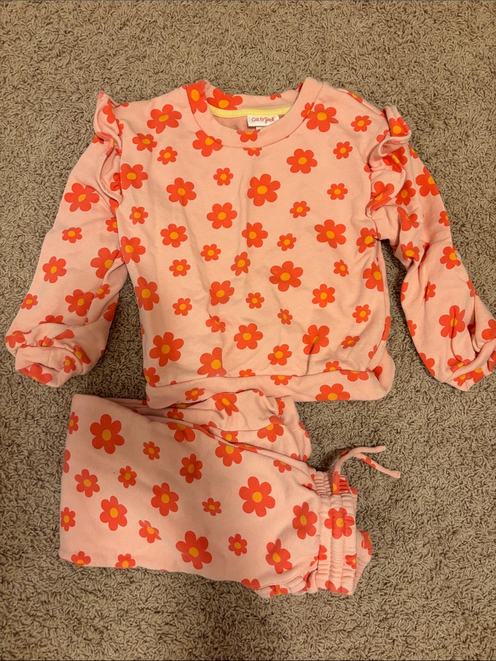 Cat & Jack Pink Floral Pajama Set with Orange Daisy Print